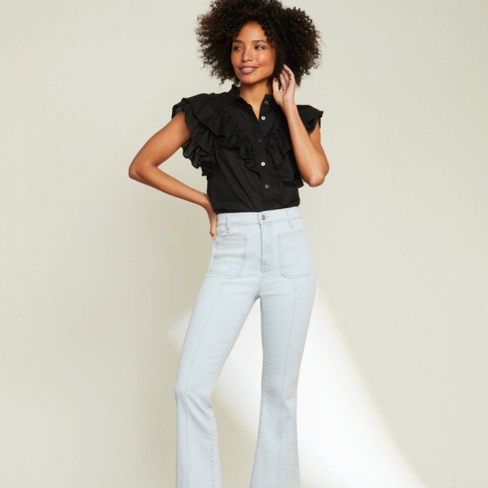 Veronica Beard Jaliyah Ruffle Trim Cotton Sheer Button-Down Blouse Black Size XS